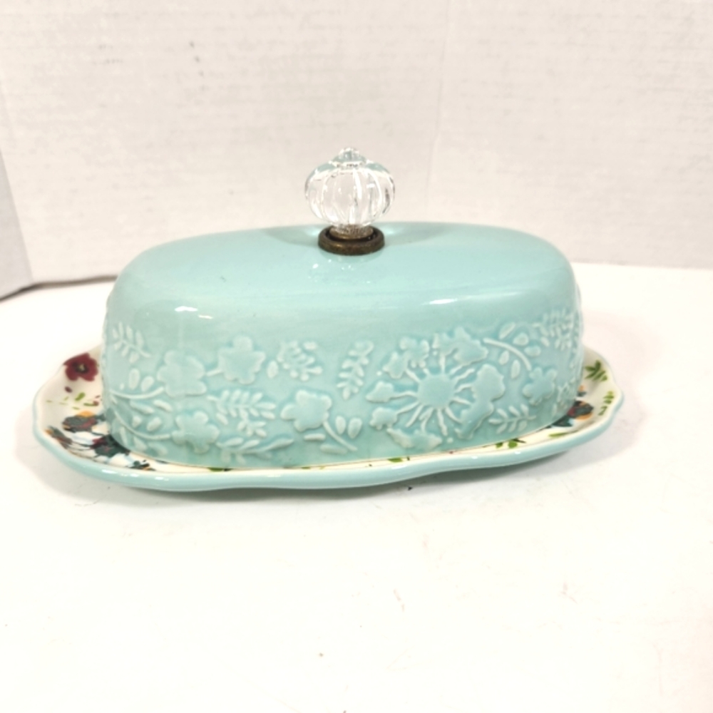 Pioneer women KARI butter dish keeper new aqua floral